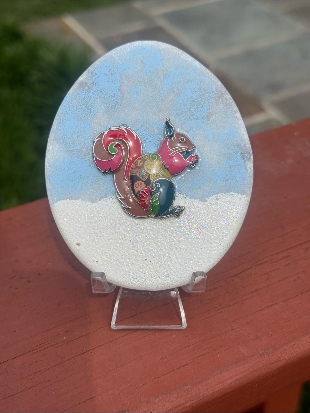 Handcrafted 4" Decorative Stone Oval – Colorful Cloisonné-Style Squirrel Art